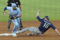 Texas Rangers shortstop Isiah Kiner-Falefa forces Seattle Mariners' Jarred Kelenic (10) at second base in the fourth inning of a baseball game, Sunday, Aug. 1, 2021, in Arlington, Texas. (AP Photo/Louis DeLuca)