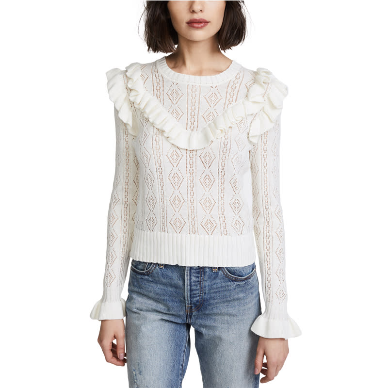 <a rel="nofollow noopener" href="https://click.linksynergy.com/deeplink?id=30KlfRmrMDo&mid=42352&murl=https%3A%2F%2Fwww.shopbop.com%2Fnatalie-ruffle-sweater-loveshackfancy%2Fvp%2Fv%3D1%2F1558565405.htm%3FfolderID%3D50579%26fm%3Dother-shopbysize-viewall%26os%3Dfalse%26colorId%3D11906" target="_blank" data-ylk="slk:Natalie Ruffle Sweater, LoveShackFancy, $275;elm:context_link;itc:0;sec:content-canvas" class="link ">Natalie Ruffle Sweater, LoveShackFancy, $275</a><p> <strong>Related Articles</strong> <ul> <li><a rel="nofollow noopener" href="http://thezoereport.com/fashion/style-tips/box-of-style-ways-to-wear-cape-trend/?utm_source=yahoo&utm_medium=syndication" target="_blank" data-ylk="slk:The Key Styling Piece Your Wardrobe Needs;elm:context_link;itc:0;sec:content-canvas" class="link ">The Key Styling Piece Your Wardrobe Needs</a></li><li><a rel="nofollow noopener" href="http://thezoereport.com/living/wellness/health-benefits-of-dogs/?utm_source=yahoo&utm_medium=syndication" target="_blank" data-ylk="slk:So Apparently Having A Dog Makes You Healthier, According To Science;elm:context_link;itc:0;sec:content-canvas" class="link ">So Apparently Having A Dog Makes You Healthier, According To Science</a></li><li><a rel="nofollow noopener" href="http://thezoereport.com/entertainment/celebrities/jennifer-lawrence-single/?utm_source=yahoo&utm_medium=syndication" target="_blank" data-ylk="slk:Jennifer Lawrence Is Now Single Before The Holidays Too;elm:context_link;itc:0;sec:content-canvas" class="link ">Jennifer Lawrence Is Now Single Before The Holidays Too</a></li> </ul> </p>