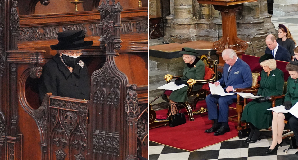 The Queen had to sit alone for the funeral of her husband the Duke of Edinburgh, but was surrounded by family for a thanksgiving service. (PA) 