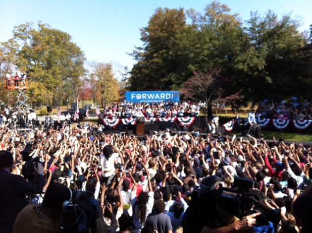 Obama in Richmond now. Loudest crowd I've heard yet on this trip. Deafening - <a href="https://twitter.com/Chris_Moody" rel="nofollow noopener" target="_blank" data-ylk="slk:@Chris_Moody;elm:context_link;itc:0;sec:content-canvas" class="link ">@Chris_Moody</a>, via Twitter