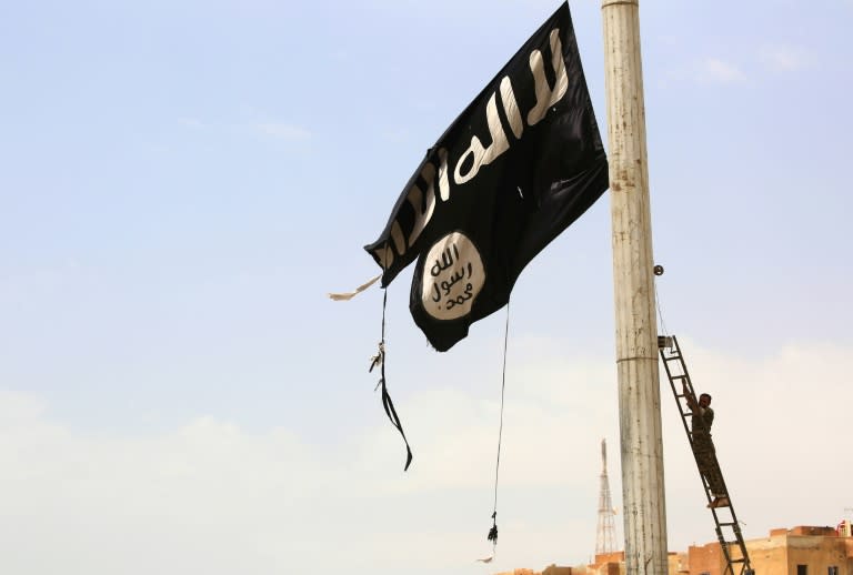 A member of the US-backed Syrian Democratic Forces removes an Islamic State group flag in the town of Tabqa on April 30, 2017