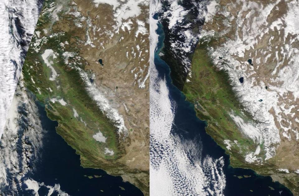 Satellite photos show California’s snowpack revived after back-to-back storms pummeled the state. Left photo from Jan. 29 and right from Feb. 10