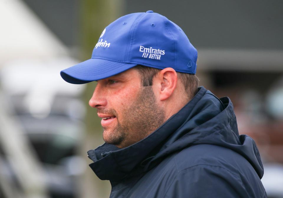 Trainer Brad Cox working at his stable on April 17, 2024. The Louisville native has two contenders for the Kentucky Derby in Louisiana Derby winner Catching Freedom and Blue Grass Stakes runner-up Just a Touch.