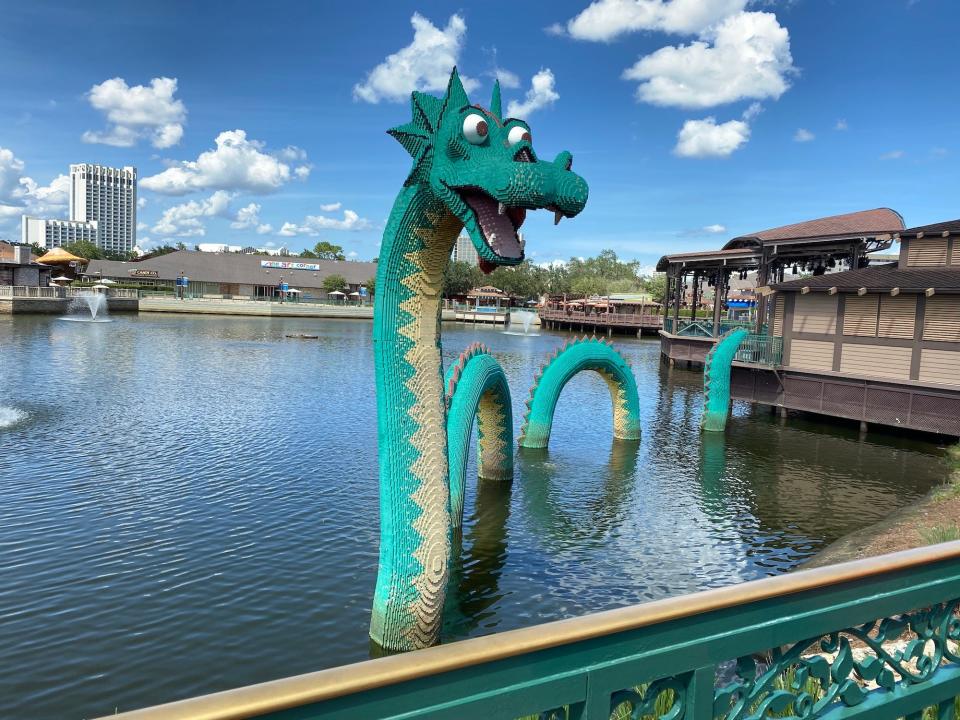 A dragon made from Legos at Disney Springs in Florida.