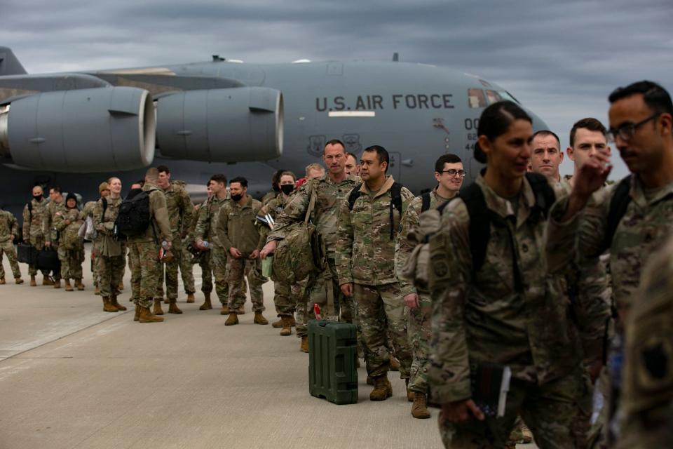 US troops deploy for Europe from Pope Army Airfield at Fort Bragg (Allison Joyce/AFP via Getty Images)