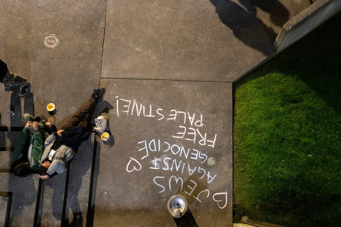 “Jews against genocide – free Palestine!” reads a chalk message near the Cal Poly Humboldt quad on Tuesday, April 23, 2024, near Siemens Hall, where students and community members calling for a permanent ceasefire in Gaza have barricaded themselves inside.