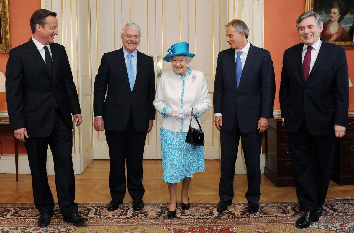 The Queen with then prime minister David Cameron and former PMs Sir John Major, Tony Blair and Gordon Brown, ahead of a Diamond Jubilee lunch at 10 Downing Street in 2012 (Stefan Rousseau/PA) (PA Archive)