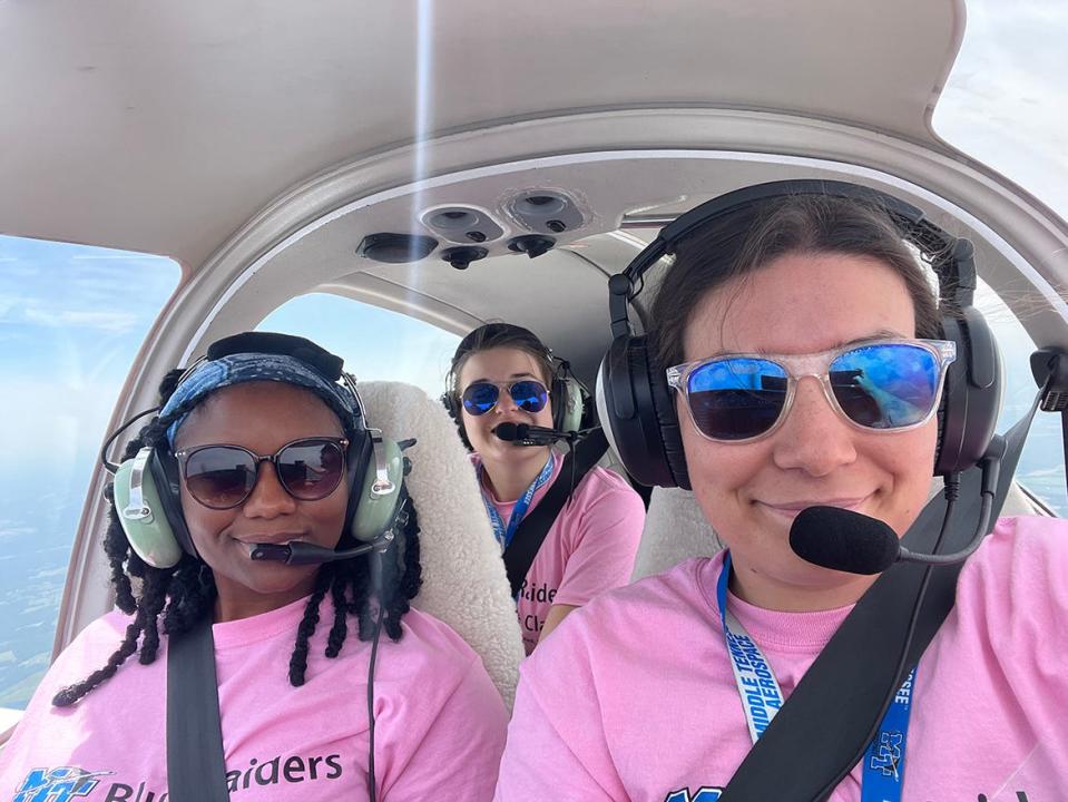 Middle Tennessee State University Aerospace Department pilots and 2023 Air Race Classic competitors Farilyn Hurt, left, Alyssa Smith and Bri McDonald take a selfie while flying during the four-day, June 20-23, competition.