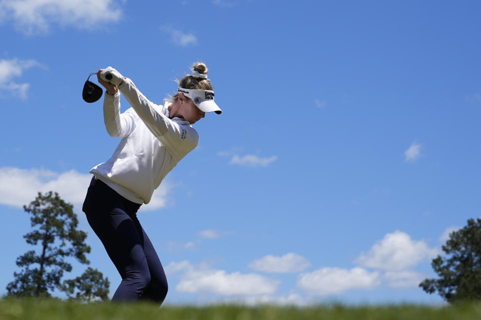 Nelly Korda tees off on the sixth hole during the final round of the Chevron Championship LPGA golf tournament Sunday, April 21, 2024, at The Club at Carlton Woods in The Woodlands, Texas. (AP Photo/Eric Gay)