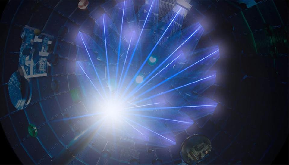 NIF’s high-energy laser beams converge on a target at the centre of the target chamber (LLNL)