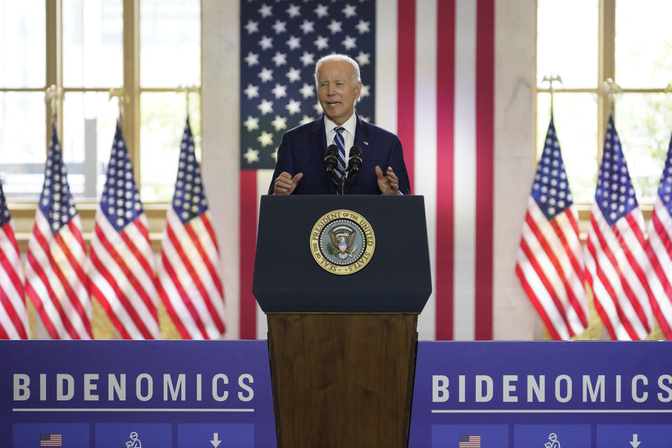 President Joe Biden delivers remarks on the economy, Wednesday, June 28, 2023, at the Old Post Office in Chicago. (AP Photo/Charles Rex Arbogast)