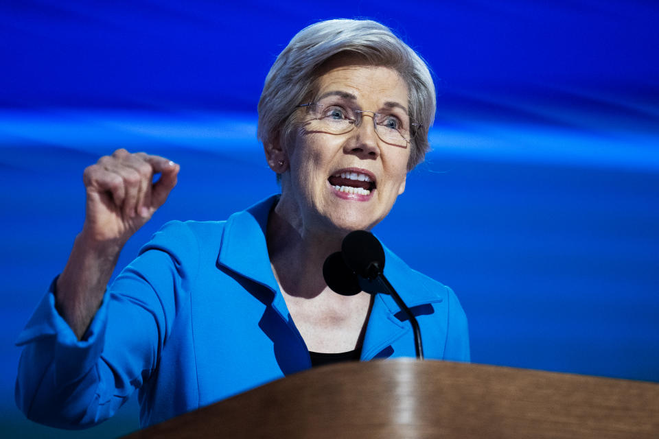 UNITED STATES - AUGUST 22: Sen. Elizabeth Warren, D-Mass., speaks on the final night of the Democratic National Convention at the United Center in Chicago, Ill., on Thursday, August 22, 2024. (Tom Williams/CQ-Roll Call, Inc via Getty Images)