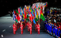 The flags of the competing nations are paraded through the stadium during the Closing Ceremony on Day 16 of the London 2012 Olympic Games at Olympic Stadium on August 12, 2012 in London, England. (Photo by Mike Hewitt/Getty Images)