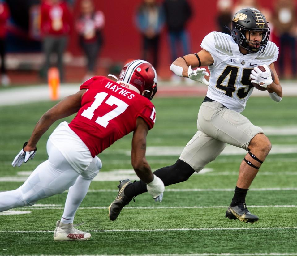 Purdue's Devin Mockobee (45) runs during the first half of the Indiana versus Purdue football game at Memorial Stadium on Saturday, Nov. 26, 2022.