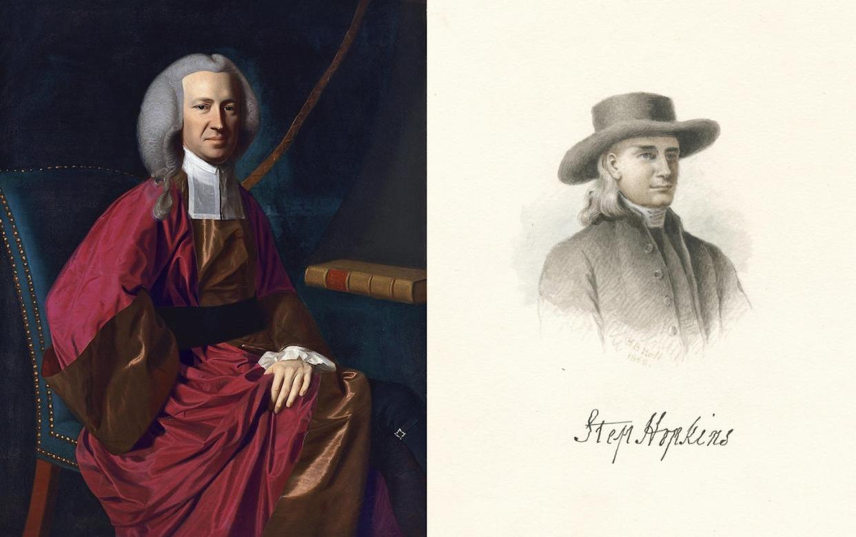 Martin Howard, left, and Stephen Hopkins came to opposing conclusions about their colonial British identities. <a href="https://digitalcollections.nypl.org/items/510d47da-2b3d-a3d9-e040-e00a18064a99" rel="nofollow noopener" target="_blank" data-ylk="slk:Howard: John Singleton Copley via Wikimedia Commons; Hopkins: New York Public Library;elm:context_link;itc:0;sec:content-canvas" class="link ">Howard: John Singleton Copley via Wikimedia Commons; Hopkins: New York Public Library</a>, <a href="http://creativecommons.org/licenses/by-sa/4.0/" rel="nofollow noopener" target="_blank" data-ylk="slk:CC BY-SA;elm:context_link;itc:0;sec:content-canvas" class="link ">CC BY-SA</a>