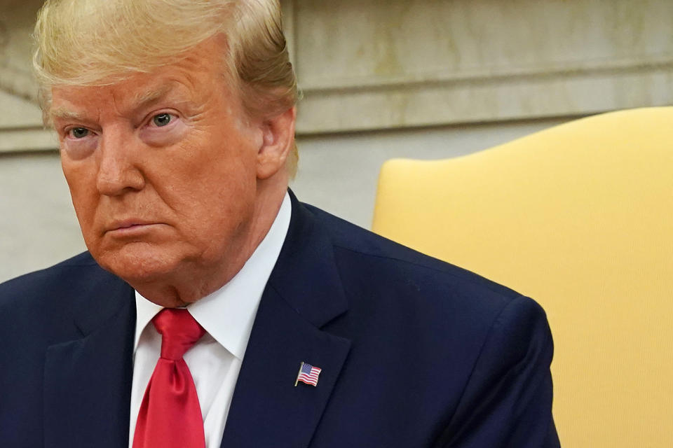 WASHINGTON, DC - JULY 09:  U.S. President Donald Trump speaks during a meeting with Qatari Emir Sheikh Tamim bin Hamad Al Thani in the Oval Office at the White House July 9, 2019 in Washington, DC. The two leaders held a bilateral meeting to discuss regional issues. (Photo by Alex Wong/Getty Images)