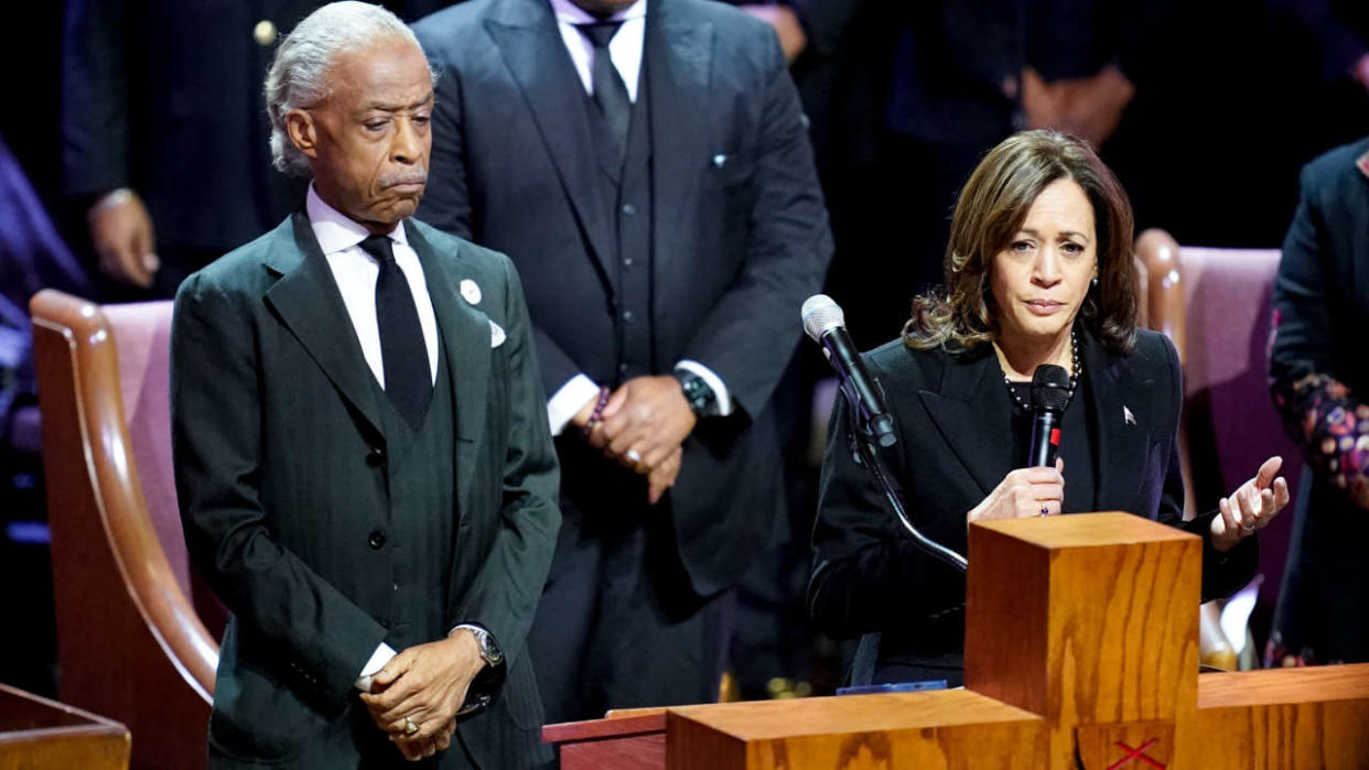 MEMPHIS, TN - FEBRUARY 01: Rev. Al Sharpton listens as US Vice President Kamala Harris speaks during the funeral service for Tyre Nichols at Mississippi Boulevard Christian Church on February 1, 2023 in Memphis, Tennessee. On January 7th, 29-year-old Nichols was violently beaten for three minutes by Memphis police officers at a traffic stop and died of his injuries. Five Black Memphis Police officers have been fired after an internal investigation found them to be directly responsible for the beating and have been charged with second-degree murder, aggravated assault, two charges of aggravated kidnapping, two charges of official misconduct and one charge of official oppression.   Andrew Nelles-Pool/Getty Images/AFP (Photo by POOL / GETTY IMAGES NORTH AMERICA / Getty Images via AFP)