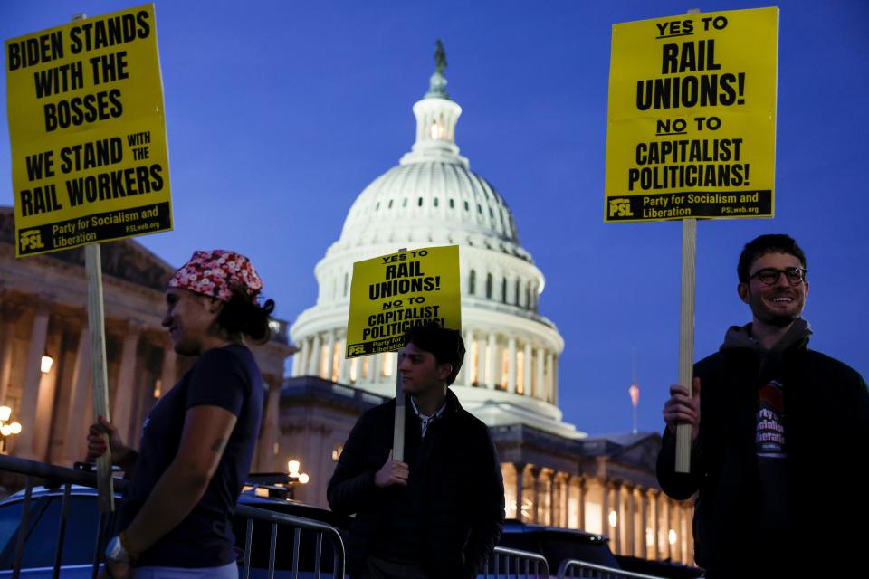 Activists in support of unionized rail workers protest outside the U.S. Capitol Building on Wednesday in Washington.