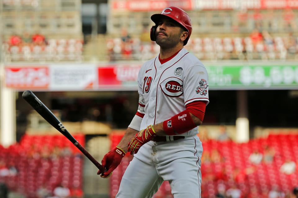 Cincinnati Reds designated hitter Joey Votto (19) walks in the third inning of the MLB National League game between the Cincinnati Reds and the Washington Nationals at Great American Ball Park in downtown Cincinnati on Thursday, June 2, 2022.