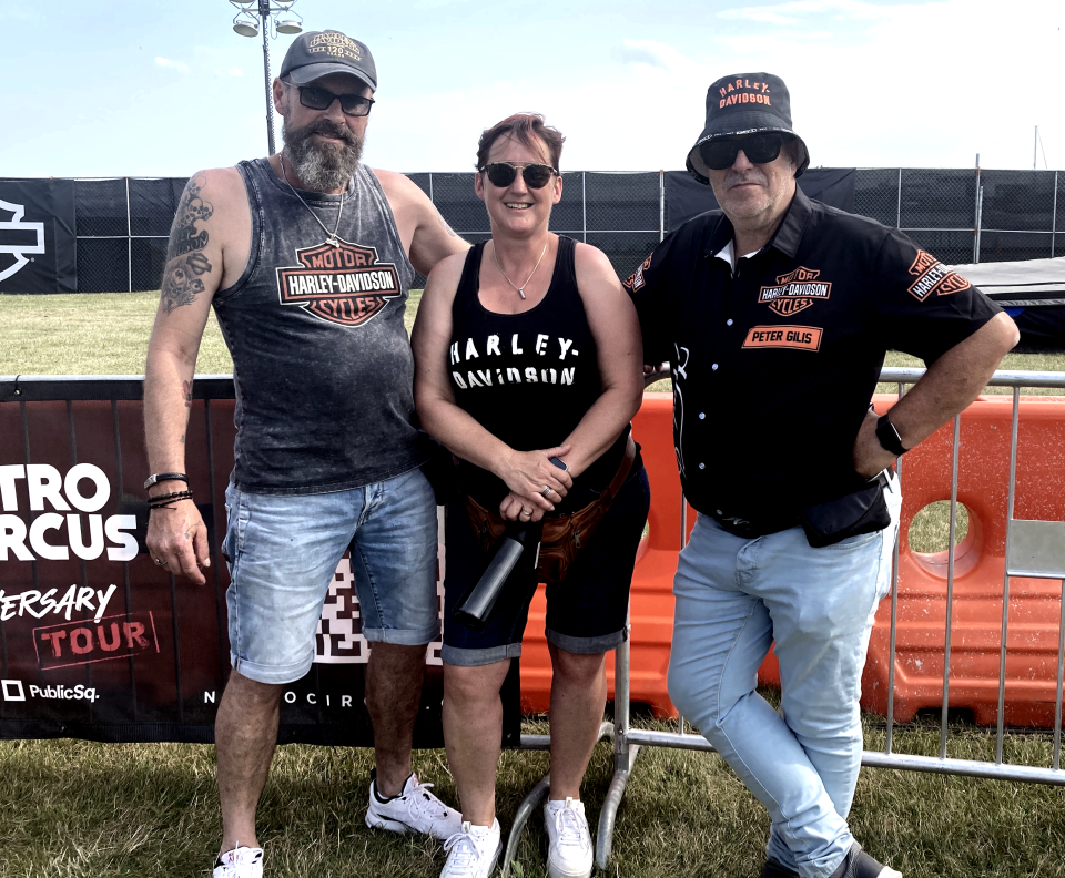 Patrick Lambregts, Peggy Rypens and Peter Gilis from Belgium at the Veteran's Park celebrating Harley-Davidson's 120th anniversary.