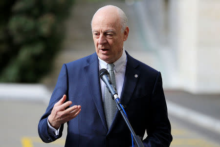 United Nations mediator for Syria Staffan de Mistura attends a news conference outside the United Nations office during the Geneva IV conference on Syria in Geneva, Switzerland, February 23, 2017. REUTERS/Pierre Albouy