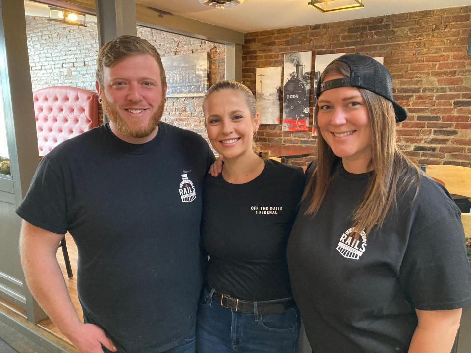 Shawn Careau, chef/owner at Off the Rails at One Federal, stands at the St. Albans restaurant Dec. 13, 2022  with general manager Katie Charland and bar manager Holly Gheen.