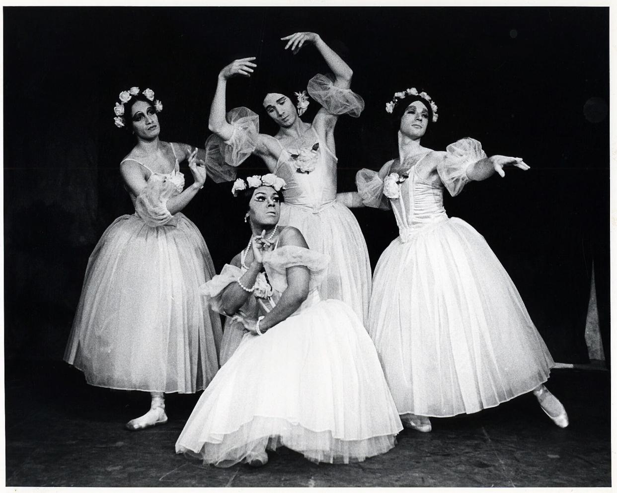 Les Ballets Trockadero de Monte Carlo was founded 50 years ago. The all-male dance troupe parodies the male and female roles of traditional ballet and plays at Bass Concert Hall on Jan. 19. Pictured from the troupe's earliest days: Peter Anastos, Anthony Bassae, Natch Taylor and William Zamora.