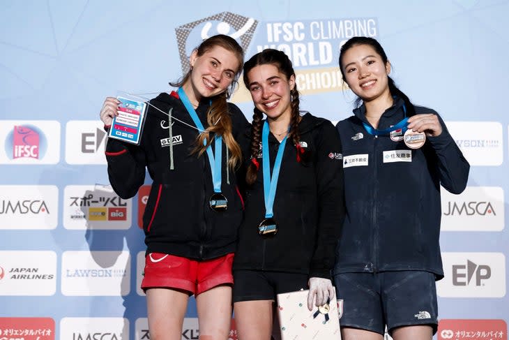 Hannah Meul of Germany, Brooke Raboutou of the USA, Matsufuji Anon of Japan on the podium of the women's Boulder event during the 2023 IFSC World Cup in Hachioji (JPN). (Photo: Dimitris Tosidis/IFSC)