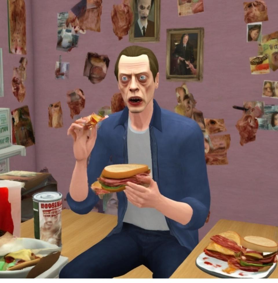 3D-rendered image of an animated character resembling Steve Buscemi eating a burger surrounded by surreal floating food