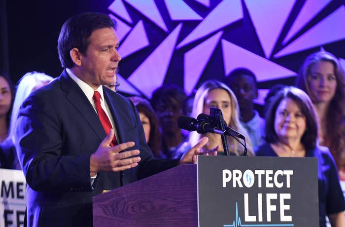Florida Gov. Ron DeSantis speaks to anti-abortion advocates in Kissimmee, April 14, 2022.  