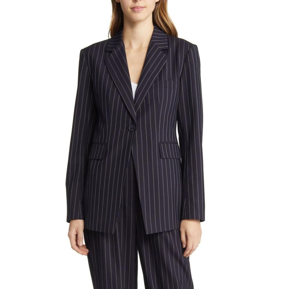 Nordstrom Pinstripe Cinch Waist Blazer in Navy- White Double Pinstripe at Nordstrom, Size X-Large