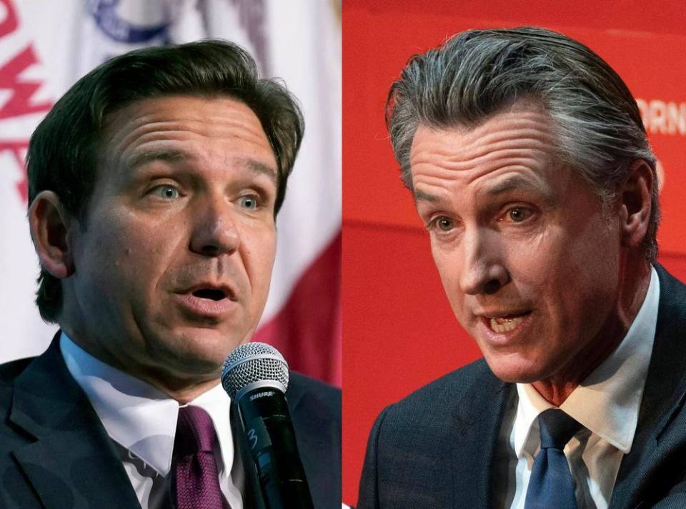 Florida governor Ron DeSantis, left, and California governor Gavin Newsom will face off in a debate Thursday night.
