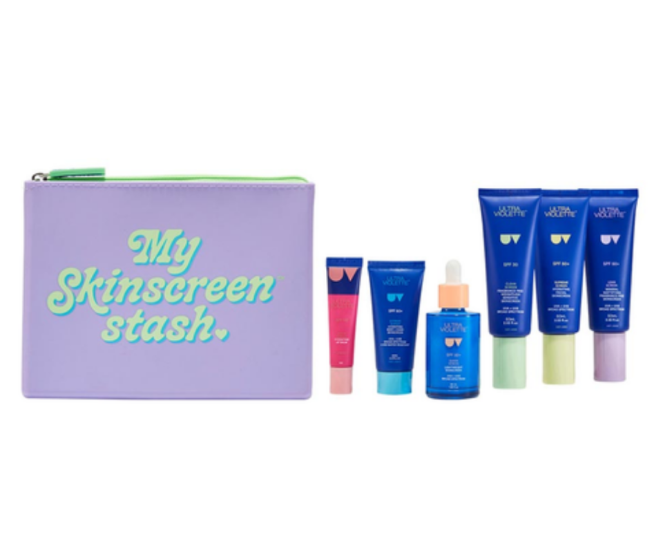 Ultra Violette's neon purple zip clutch bag on a white backgroud with six navy bottles and tubes of SPF products with different-coloured pastel lids in pink, blue, orange, green, yellow and purple.