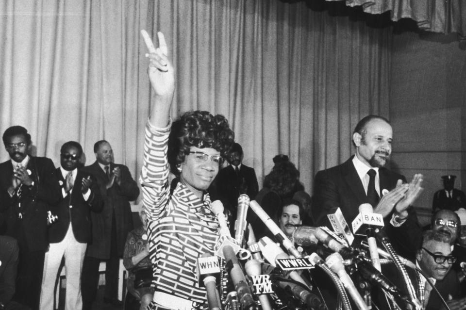 25th January 1972: US Representative Shirley Chisholm of Brooklyn announces her entry for Democratic nomination for the presidency, at the Concord Baptist Church in Brooklyn, New York. Manhattan borough president Percy Sutton applauds at right. (Photo by Don Hogan Charles/New York Times Co./Getty Images)<span class="copyright">Getty Images</span>