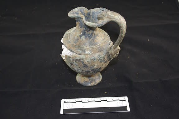 A bronze jug discovered in a lavish Roman-era grave in the United Kingdom.