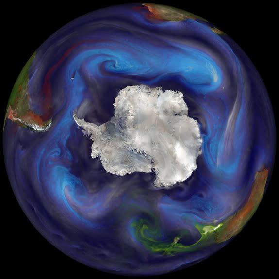 This image shows the emission and transport of dust and other aerosols to the Southern Ocean on Dec. 30, 2006. Dust is represented with orange to red colors, sea salt with blue, organic and black carbon with green to yellow, and sulfates with b