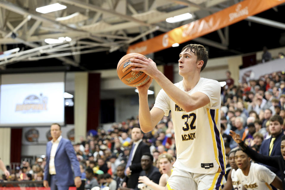 FILE - Montverde's Cooper Flagg plays against La Lumiere during a high school basketball game at the Hoophall Classic, Saturday, Jan. 14, 2023, in Springfield, Mass. Cooper Flagg, the consensus top player in the 2024 recruiting class, says his focus is on the tragedy of a mass shooting in his home state of Maine, an indication that an announcement on where he will play college basketball could be delayed. The 6-foot-9 small forward has been deciding between Duke and defending national champion UConn. There were reports he would announce his decision Thursday, Oct. 26. (AP Photo/Gregory Payan, File)