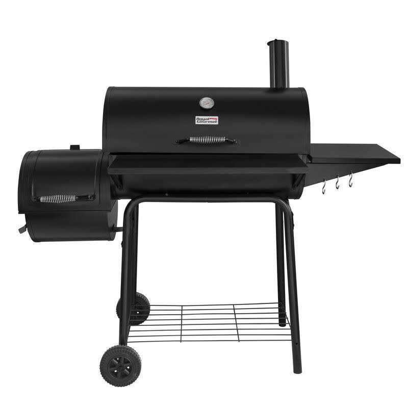 18) 30'' Barrel Charcoal Grill with Smoker and Side Table