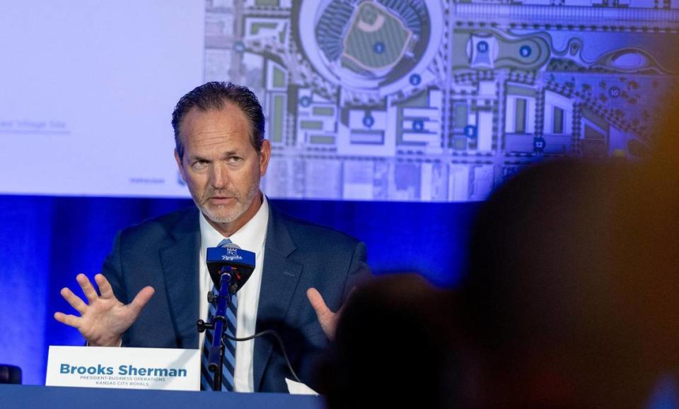 Brooks Sherman, Royals president of business operations, speaks during a press conference detailing two locations the Royals are considering for the club’s new stadium on Tuesday, Aug. 22, 2023, in Kansas City.