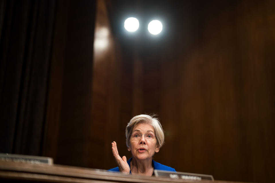 WASHINGTON, DC - JANUARY 11: Sen. Elizabeth Warren (D-MA) speaks during a Senate Banking, Housing, and Urban Affairs committee hearing on January 11, 2024 in Washington, DC. The hearing examined legislative solutions and public education for stopping the flow of fentanyl into and throughout the United States. (Photo by Kent Nishimura/Getty Images)