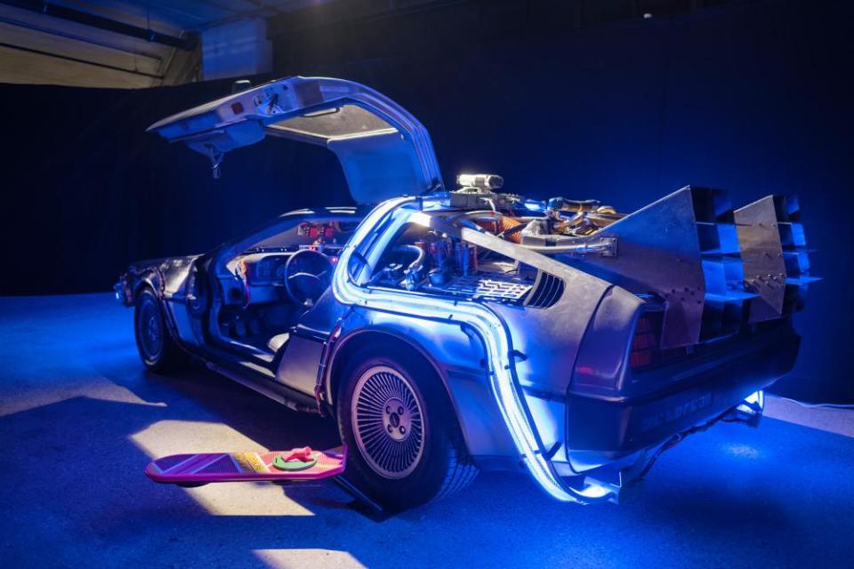 A full-size replica of the film’s DeLorean time machine, salvaged from a Universal Studios theme park ride and included the exhibition.