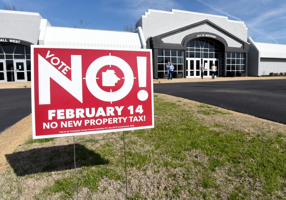 Feb 14, 2023; Tuscaloosa, AL, USA;  A sign outside Northport City Hall greeted potential voters as Tuscaloosa County voters went to the polls Tuesday to vote to either increase property tax to support schools or deny the tax increase.