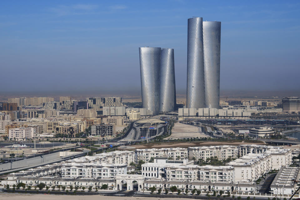 A view of the Lusail plaza towers in Lusail downtown, Qatar, Thursday, Nov. 24, 2022. (AP Photo/Pavel Golovkin)