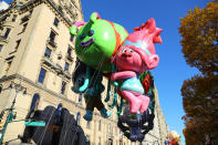 <p>The DreamWorks Animation “Trolls” balloon hitches a ride on the Caterbus down Central Park West in the 91st Macy’s Thanksgiving Day Parade in New York, Nov. 23, 2017. (Photo: Gordon Donovan/Yahoo News) </p>