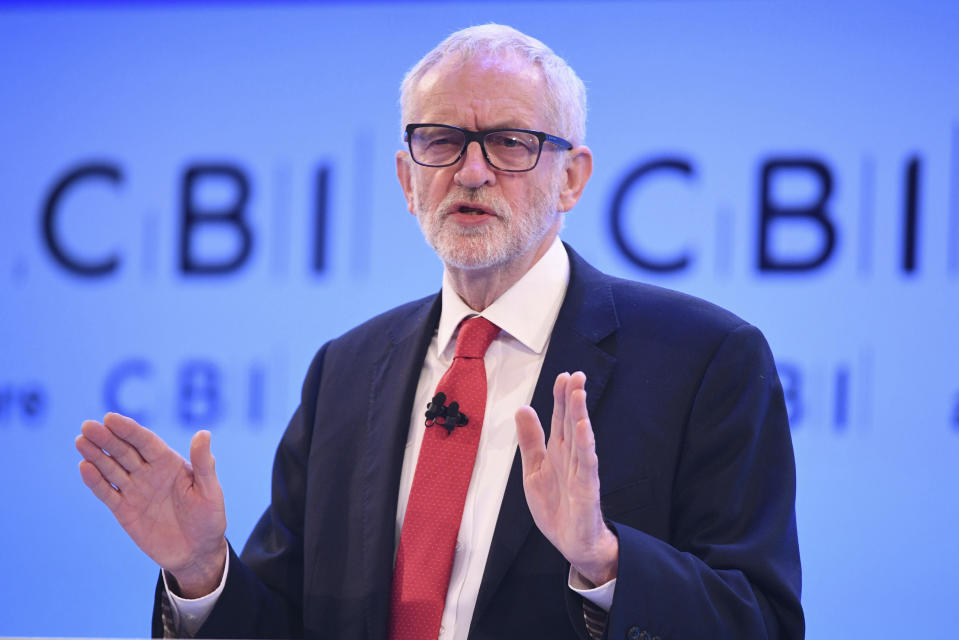 Labour leader Jeremy Corbyn speaks at the Confederation of British Industry (CBI) annual conference at the InterContinental Hotel in London, Monday, Nov. 18, 2019. The leaders of Britain’s three biggest national political parties were making election pitches Monday to business leaders who are skeptical of politicians’ promises after years of economic uncertainty over Brexit. (Stefan Rousseau/PA via AP)