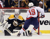 BOSTON, MA - APRIL 12: Tim Thomas #30 of the Boston Bruins stops a shot by Nicklas Backstrom #19 of the Washington Capitals in Game One of the Eastern Conference Quarterfinals during the 2012 NHL Stanley Cup Playoffs at TD Garden on April 12, 2012 in Boston, Massachusetts. (Photo by Elsa/Getty Images)