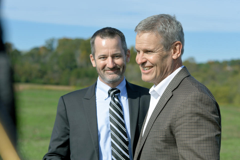 Smith and Wesson President and CEO Mark Smith, left, and Tennessee Governor Bill Lee prepare for a ground breaking ceremony for the new Tennessee location for the firearms manufacturer, November 2021 in Alcoa, Tenn.<span class="copyright">Scott Keller—The Daily Times/AP</span>