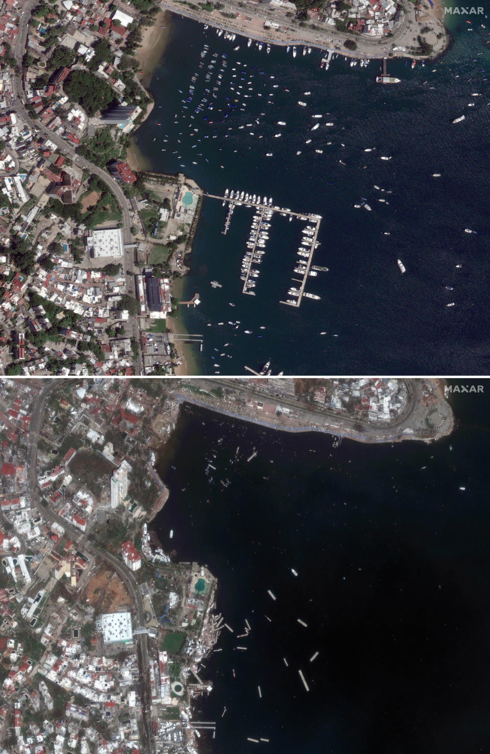 This combo of two images provided by Maxar Technologies shows the marina in Acapulco Bay, Mexico on Oct. 4, 2023, top, and one day after Hurricane Otis hit as a Category 5 storm, on Oct. 26, 2023. (Satellite image ©2023 Maxar Technologies via AP)