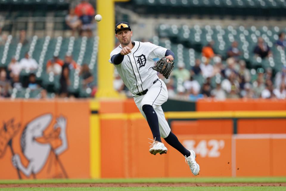 Detroit Tigers shortstop Ryan Kreidler makes a throw against the Philadelphia Phillies in the third inning at Comerica Park on Wednesday, June 26, 2024 in Detroit.