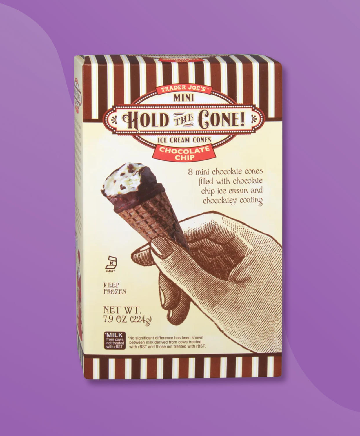 A box of Trader Joe's Hold the Cone! Mini Ice Cream Cones on a purple background. (TODAY Illustration / Lauren Schatzman / Trader Joe's)